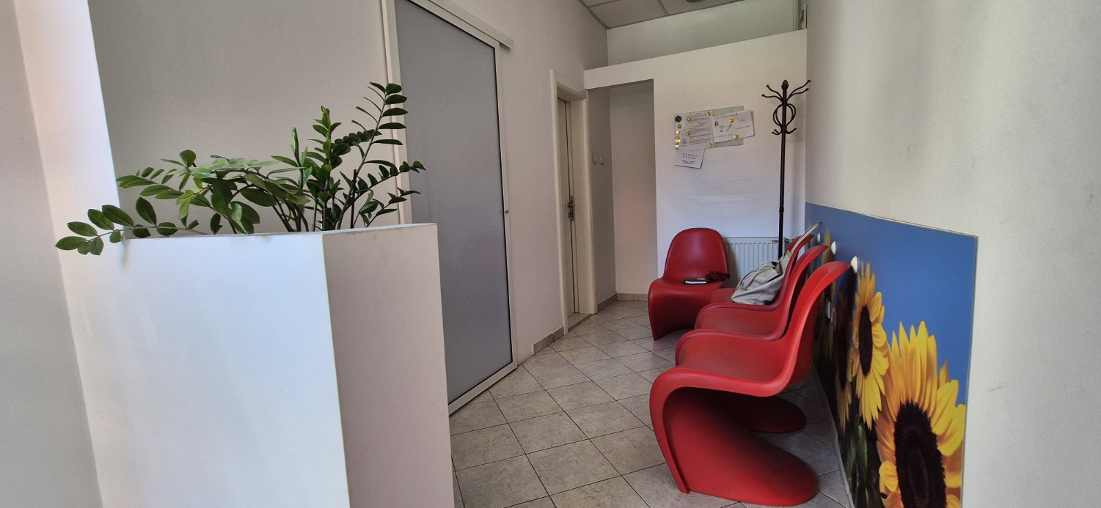 Prijemni prostor Dental Studio Vještica sa crvenim stolicama.